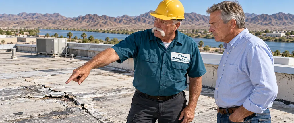 Roofer pointing out a cracked membrane seam to a building owner on a flat commercial roof in Bullhead City