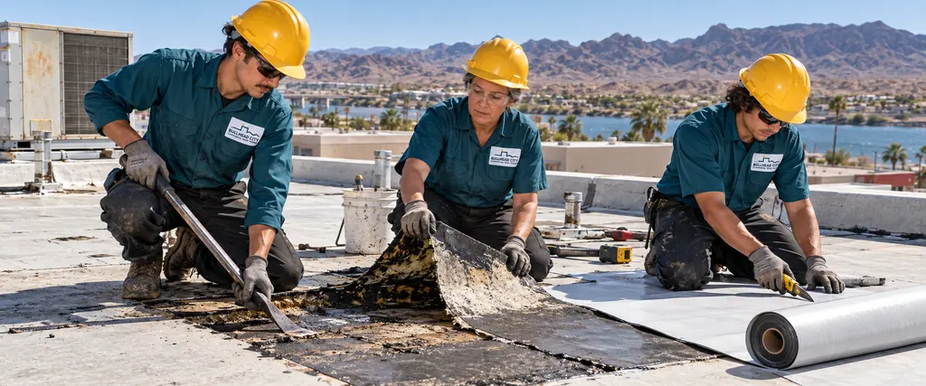 Three roofers cutting out wet membrane and laying a new sheet on a flat commercial roof