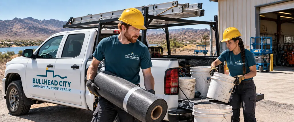 Two roofers loading a membrane roll and sealant buckets into a work truck beside a steel building