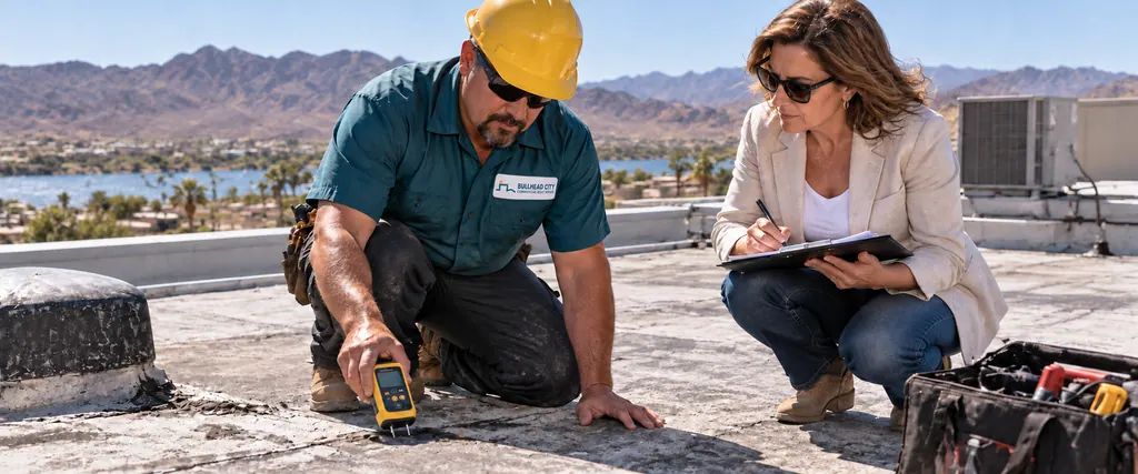 Roofer reading a moisture meter beside a rooftop curb while a facility manager takes notes