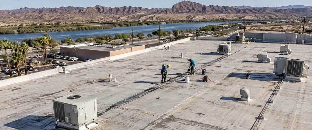 Wide view of a large white flat roof with rooftop units and two roofers working on a seam