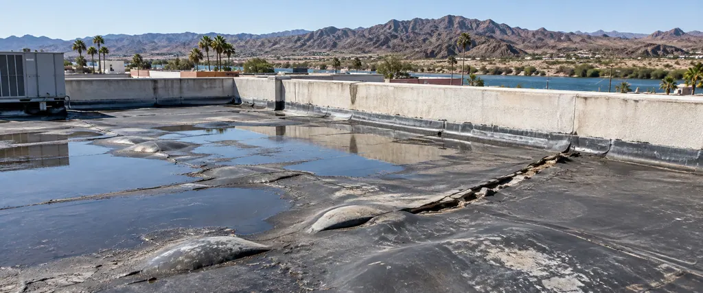 Aged flat roof membrane with ponding water, blisters, and an open seam along the parapet