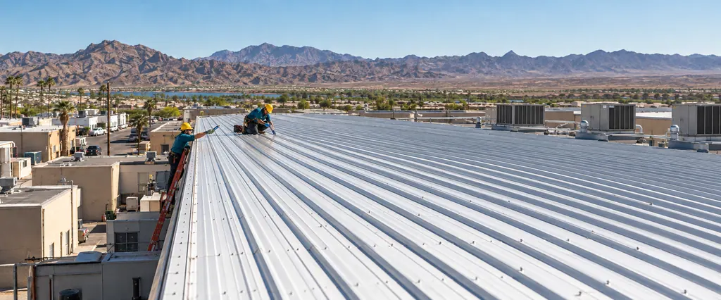 Two roofers replacing fasteners and sealing laps on a commercial metal roof