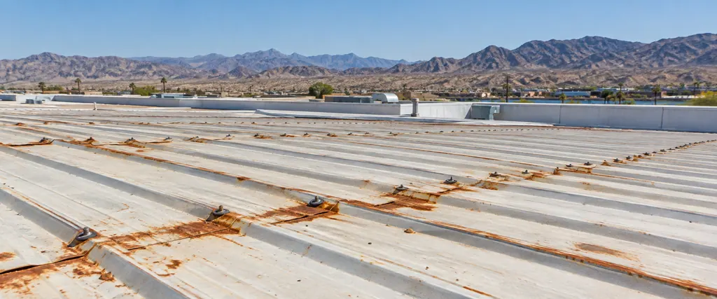 Rust bloom around fastener heads and along the end lap of a commercial metal roof