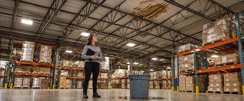 Facility manager looking up at a ceiling stain and a drip into a bin inside a warehouse