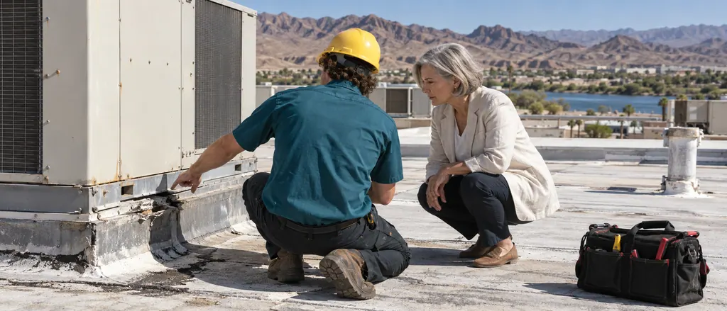 Roofer showing a building owner a gap in the flashing at a rooftop HVAC curb