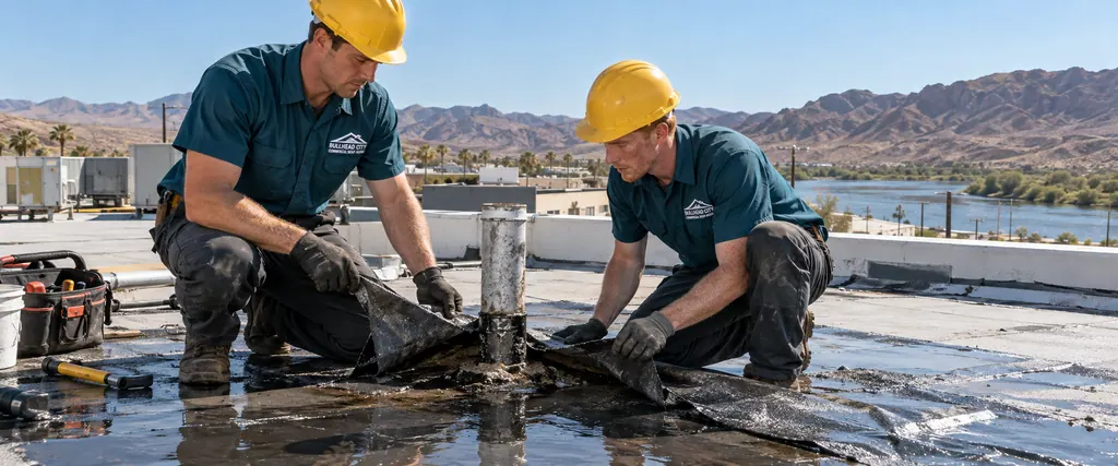 Two roofers removing a split pipe boot on a flat roof with standing water around it