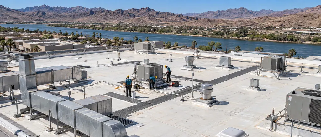 Industrial flat roof with ductwork, exhaust fans, and roofers working at an equipment curb