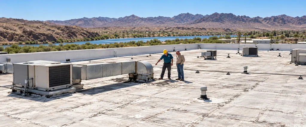 Roofer and a maintenance lead walking between rooftop units on a large industrial roof