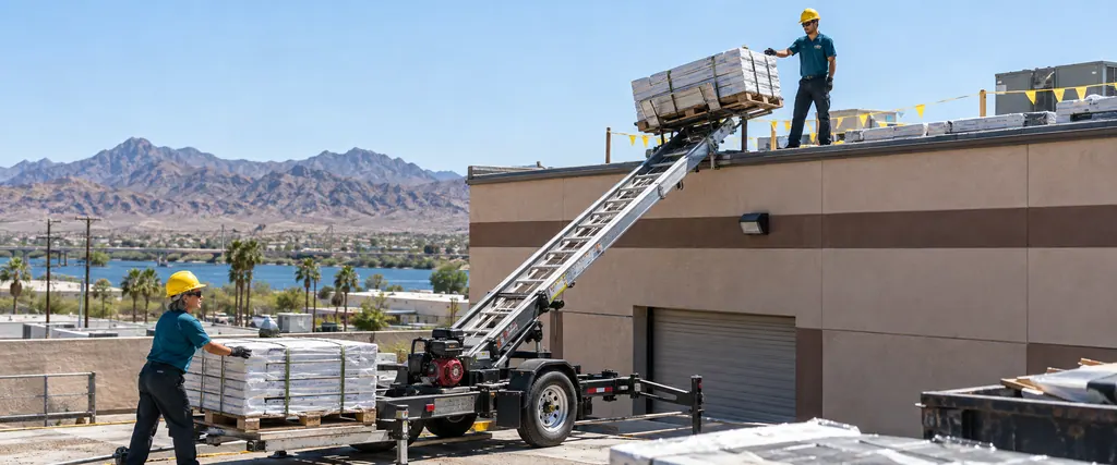 Material hoist lifting a pallet of roofing to the edge of a commercial building