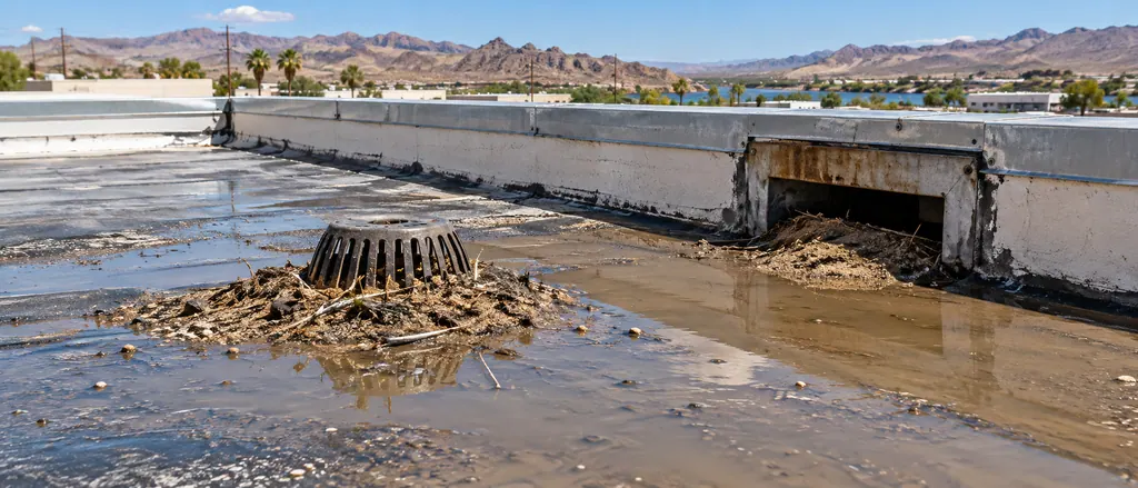 Roof drain and scupper packed with sediment and debris, with water backed up around them