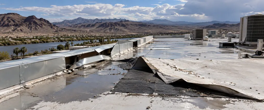 Peeled flat roof membrane and bent duct cover after a windstorm