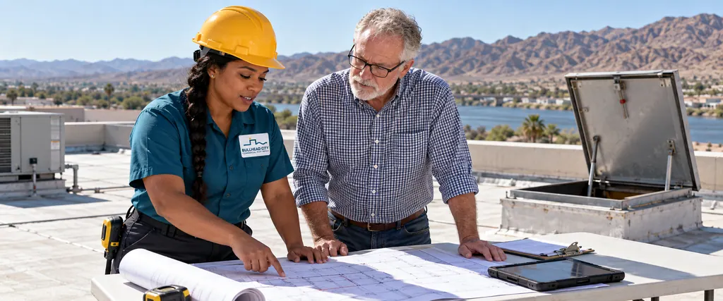Roofer and a property owner reviewing a roof plan beside an open roof hatch