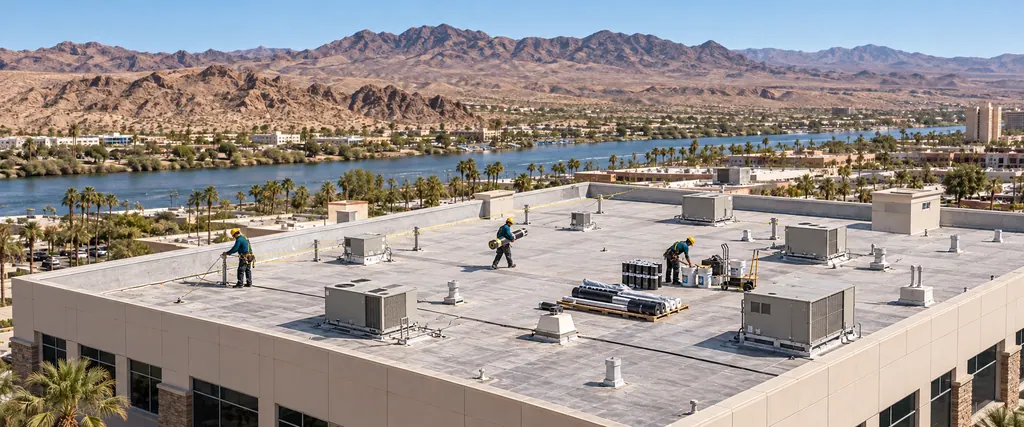 Roofers staging membrane rolls and sealant on a two-story office roof